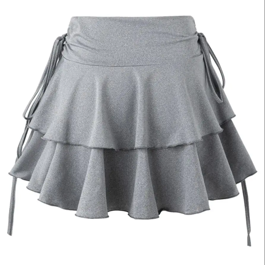 

Summer New Women's Solid Color A-line MiNi Half length Skirt Fashion Versatile and Sexy Ruffle Edge Fake Drawstring Short Skirt