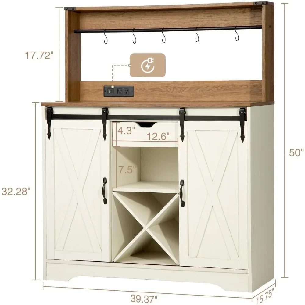 Farmhous Coffee Bar Cabinet with Charging Station and USB Ports,Sliding Barn Door,kitchen Hutch Sideboard Buffet Storage Cabinet