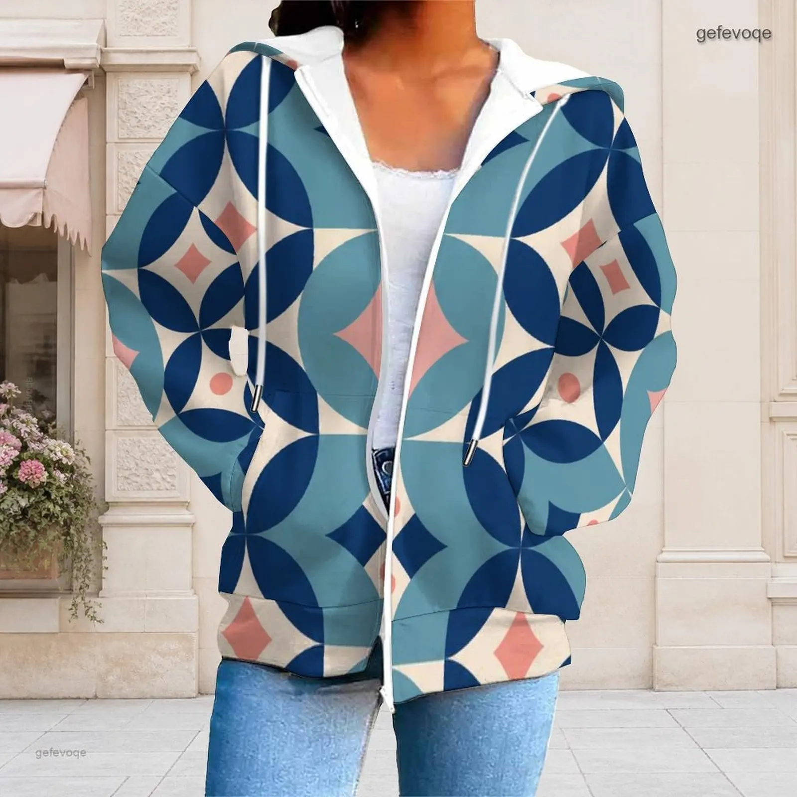 Women Geometric Circle Diamond Printed Zip Up Long Sleeve Hoodie with Drawstring and Pockets
