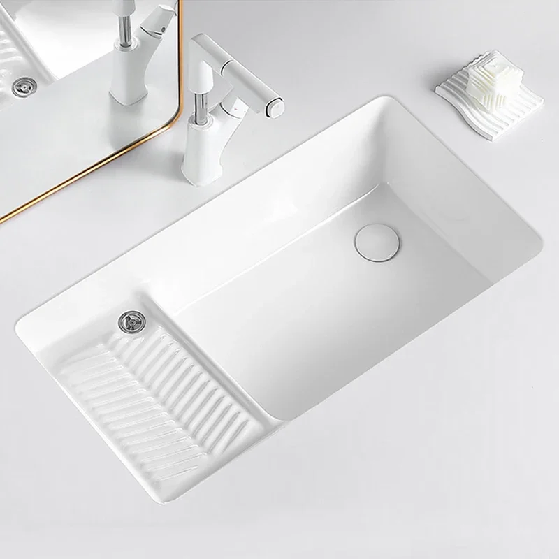 

Undercounter Basin Laundry Basin with Washboard Ceramic Basin Sink Side Drainage Balcony Desk Pool