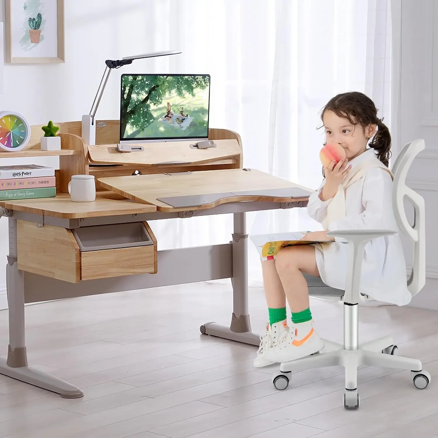 Kids Desk Chair, Adjustable Children Study Computer Chair with Arms & Wheels, Student Swivel Rolling Task Chair, Ergonom