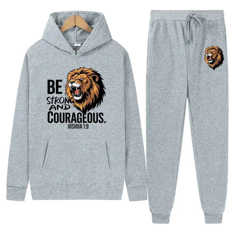 Primavera outono masculino leão impressão casual 2pc define personalidade sweatshirts rua moda esportes terno com capuz topos calça fina
