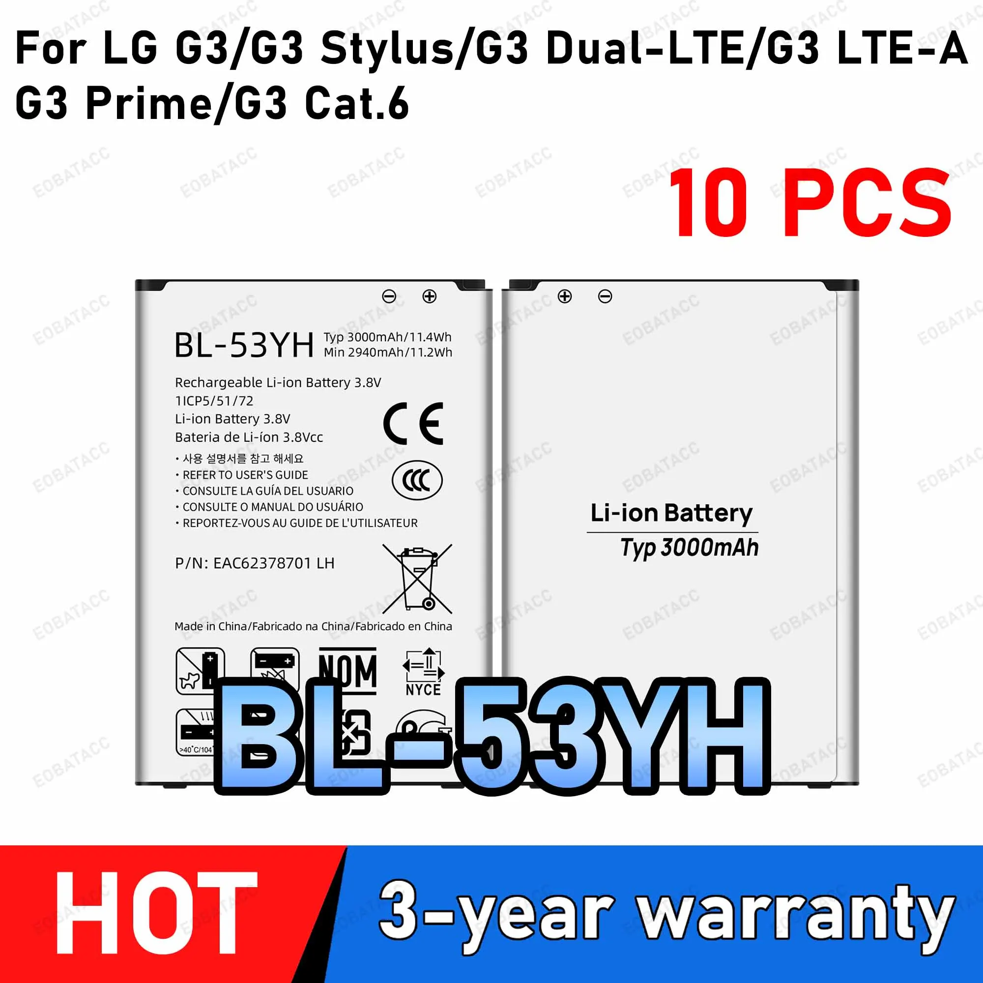10 Pezzi Batteria BL-53YH 3000Mah Per LG G3/G3 Stylus/G3 Dual-Lte/G3 LTE-A/G3 Prime/G3 Cat.6 Telefono Cellulare-image