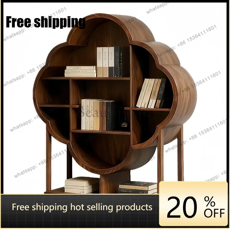YJ Chinese solid wood Bogu frame flower-shaped black walnut bookshelf living room study storage multi-layer storage