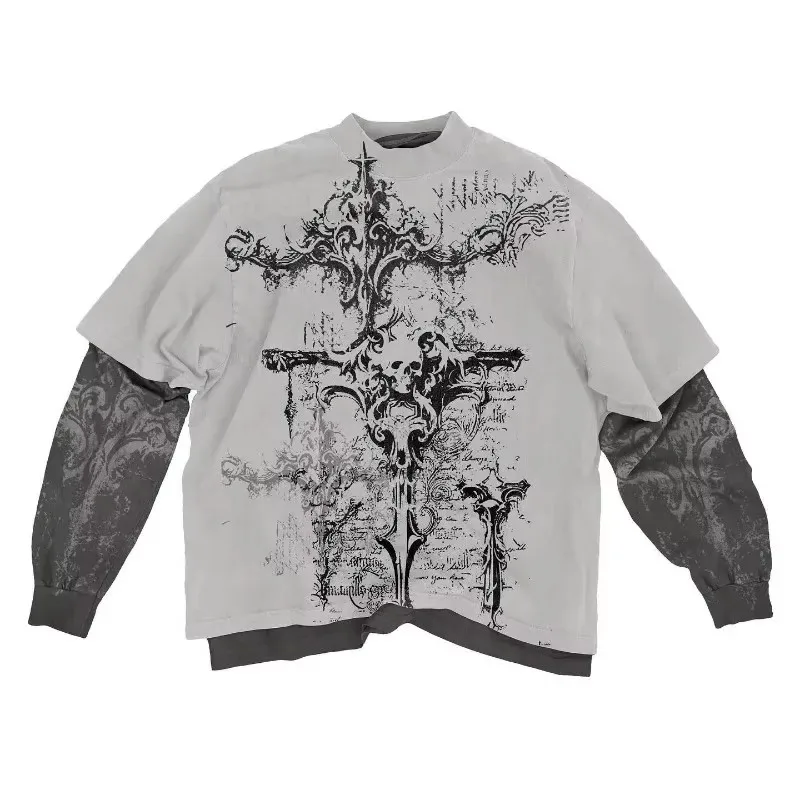 Streetwear Y2K Gothic V-neck Patchwork Long Sleeved Fashionable Pattern Printed Sportswear Hip-hop Punk Style Sportswear Top