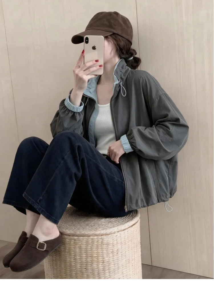Casual Korean Style Lazy Fashion Stand Collar Workwear Jacket Women's Small Size Autumn New Short Length Zipper Decoration Coat