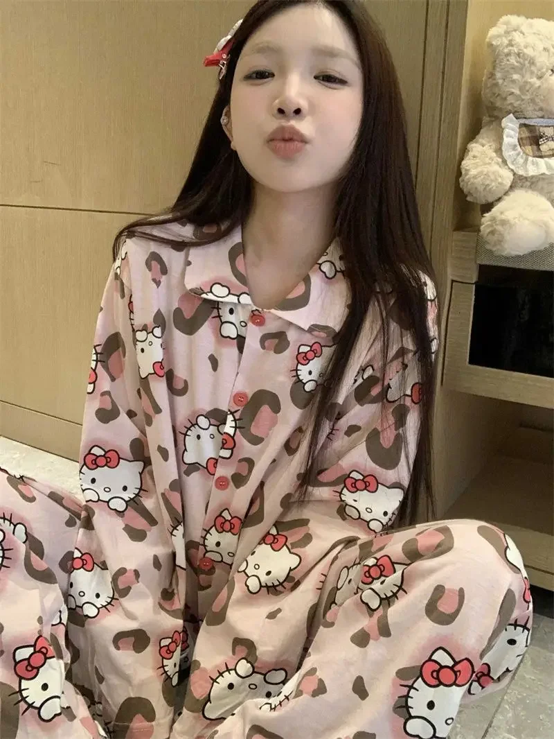 Sanrio Leopard Print HelloKitty Pajamas Women Spring and Autumn Long Sleeves Trousers Loose Comfortable Girly Pajamas KawaiiGift