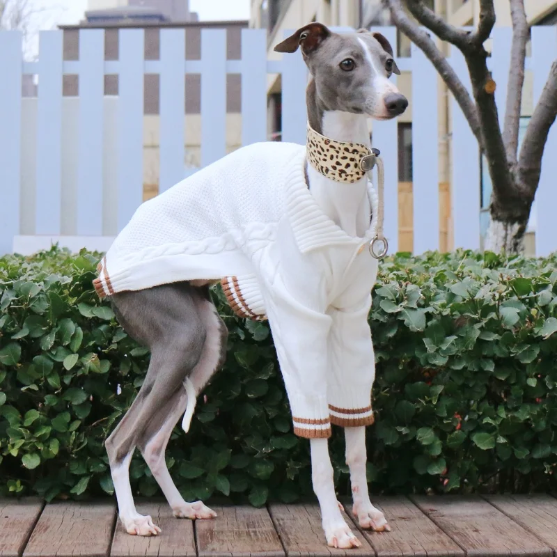 Lapel Cardigan Jacket Knitted White Sweater for Little Greyhound Whippet Winter Long Sleeves Warm Coat for Mid Dogs Pet Clothing