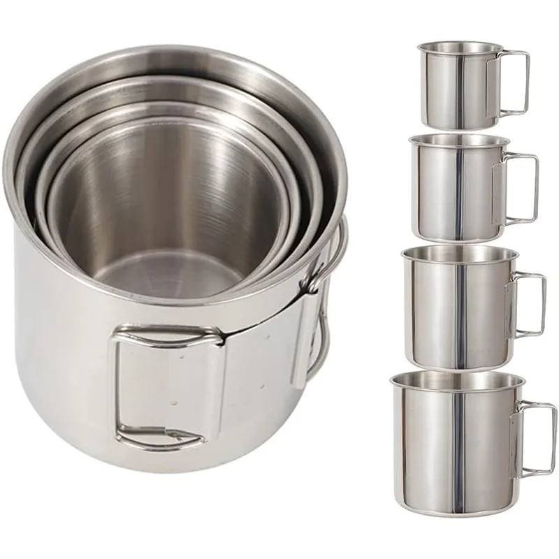 Campingbecher mit Griff, 4-teiliges Edelstahl-Kaffeebecher-Set, Edelstahl-Tassenset, Metallbecher für Outdoor-Camping und Wandern