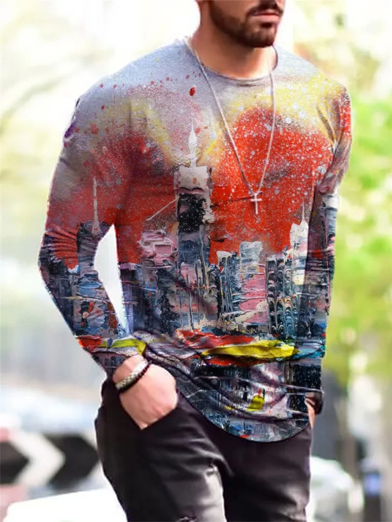 موضة متعدد الألوان براءات الاختراع والجلود ثلاثية الأبعاد تي شيرت مطبوع الخريف الاتجاه جديد الشارع تنفس Harajuku عادية رجالي كم طويل تي شيرت #5
