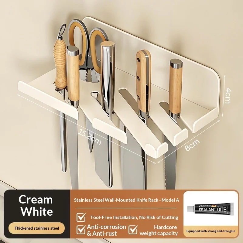 Stainless Steel Wall Mount Kitchen Knife Rack Adhesive Mount Multislot Organizer Holder for Knives Scissors Sharpening Tool