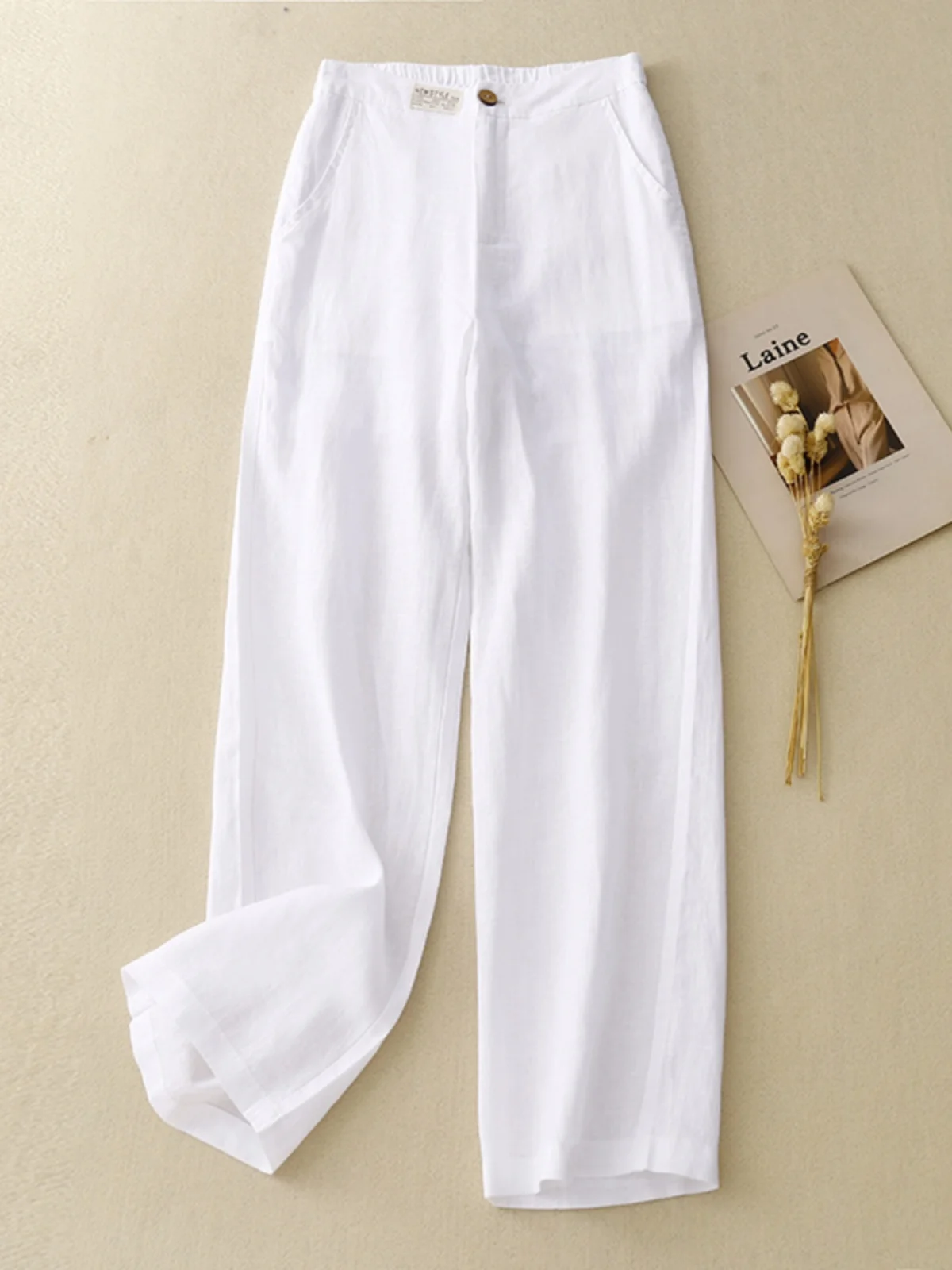 ارتفاع الخصر واسعة الساق القطن الكتان السراويل النسائية رقيقة تنوعا ثنى التخسيس عارضة الكتان مستقيم الساق السراويل #4