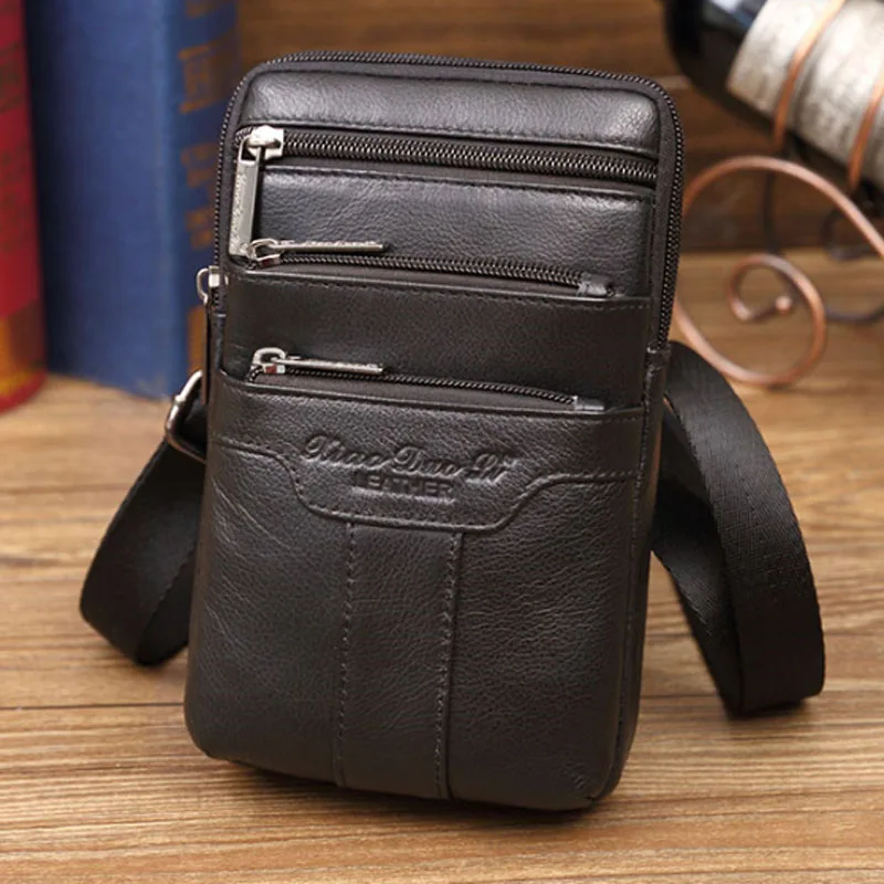 Fashion Men Waist Bag Genuine Leather Cell/Mobile Phone Coin Purse Pocket Shoulder Belt Bag Military Male Crossbody Bag