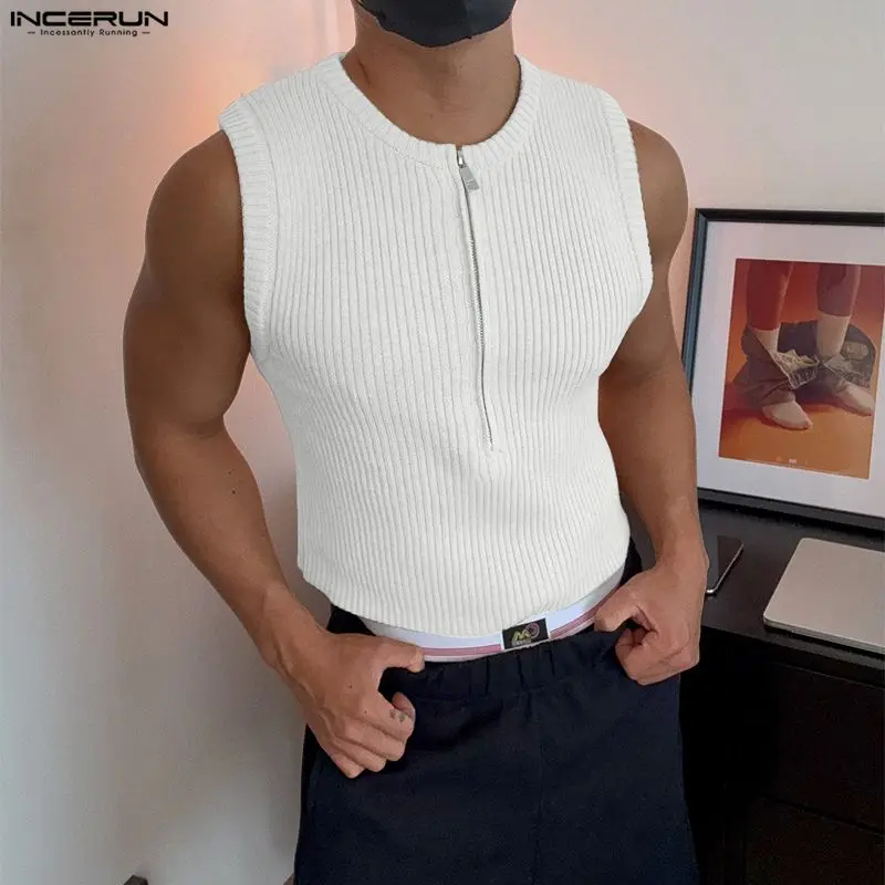 

INCERUN Men Tank Tops Solid Color Zipper Sleeveless Knitted Male Vests Streetwear Summer Cozy Fashion Casual Men Clothing S-3XL