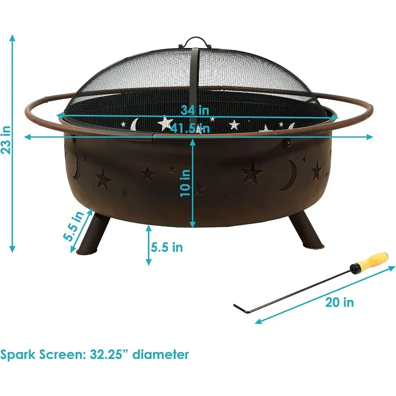 42-Inch Wood-Burning Steel Fire Pit with Round Screen, Poker, and Built-in Grate - Rust Patina