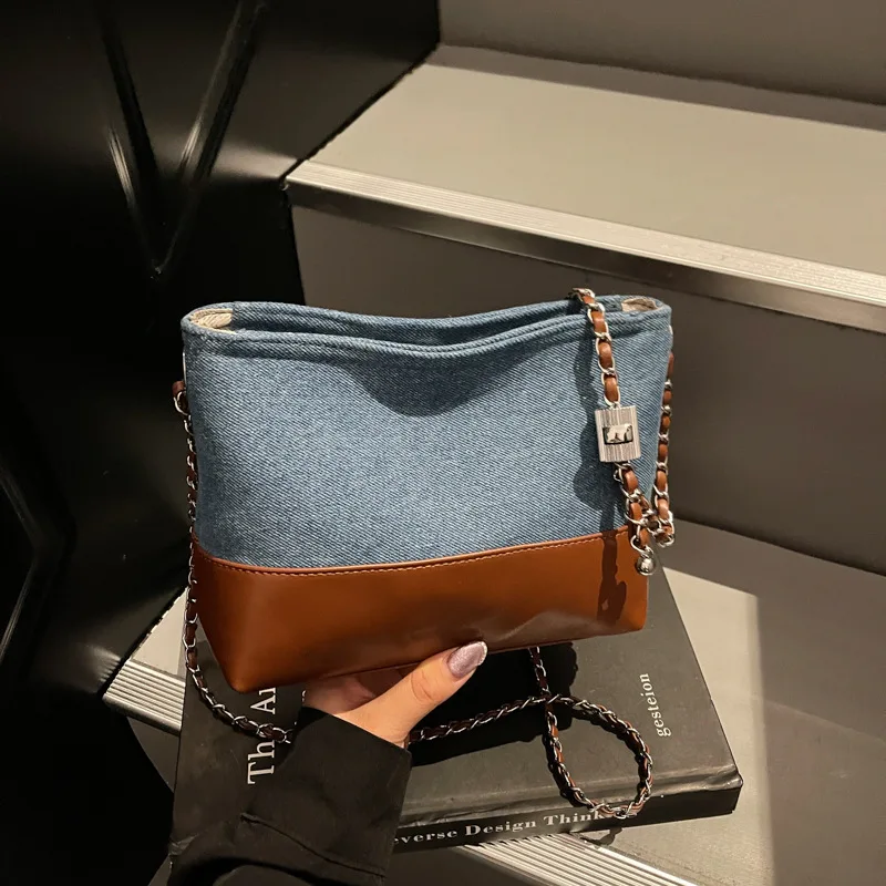 

2025 New Vintage Chain Strap Crossbody for Women, Color-Block Canvas Bucket Bag, Textured Shoulder Purse, Boho Chic & Versatile​