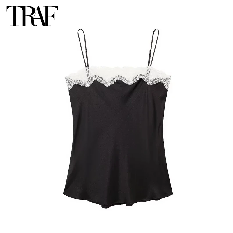 TRAF 2024 Czarny Koronkowy Top Kobiety Seksowne Topy Plażowe Bez Pleców Dla Kobiet Letnie Slip Tube Top Kobiece Paski Tanks Camis Damskie Topy