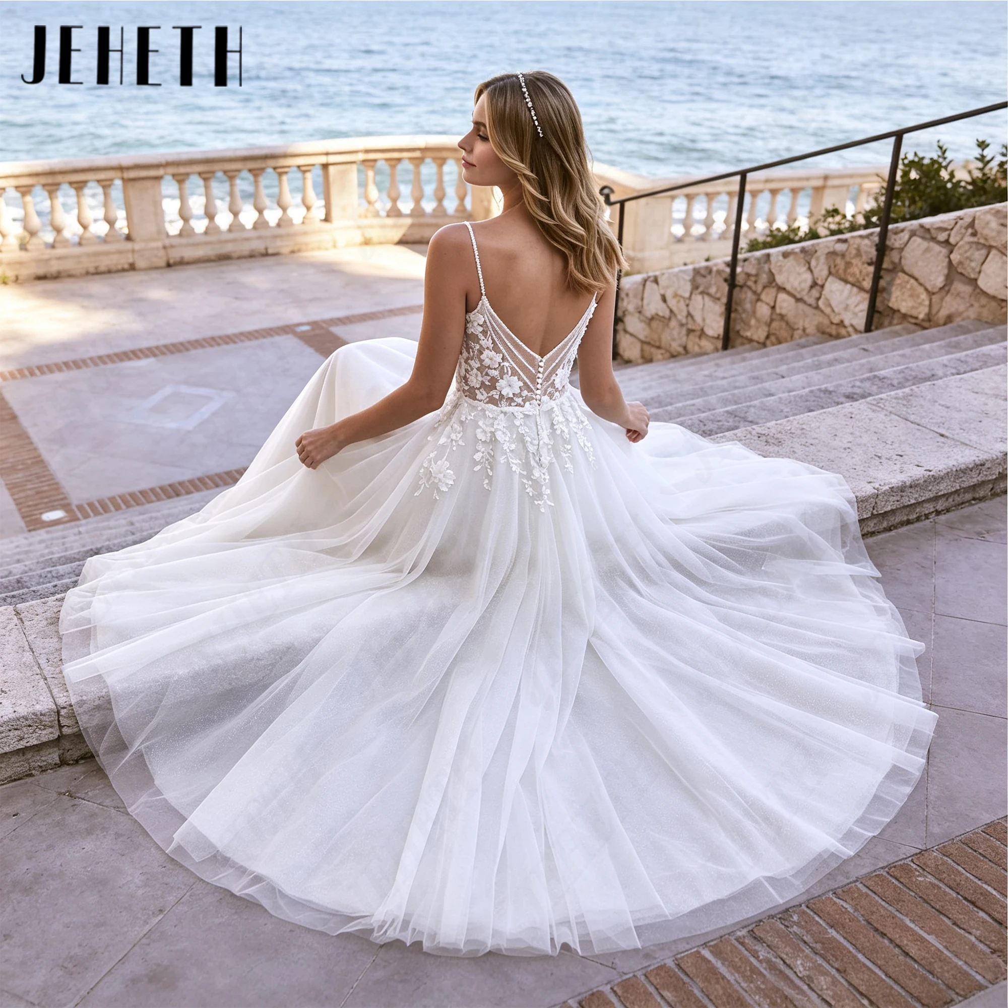 JEHETH Sleeveless V Back Wedding Dress Sqaure Neckline A-Line Bride Gown Luxury Spaghetti Straps Bridal Gowns Personalized