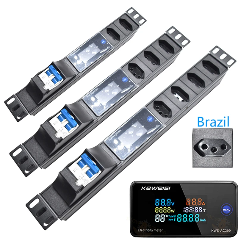 Brazil Socket  PDU Power Strip Distribution Unit 2-8 Way Socket with Ampere/Volt/Watt Digital Display Meter 16A Air Switch