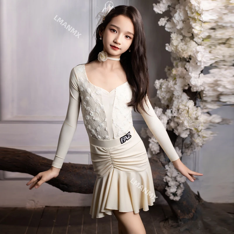 Vestido de prática de dança latina infantil, outono e inverno, para meninas, prática profissional, vestido de performance dividido