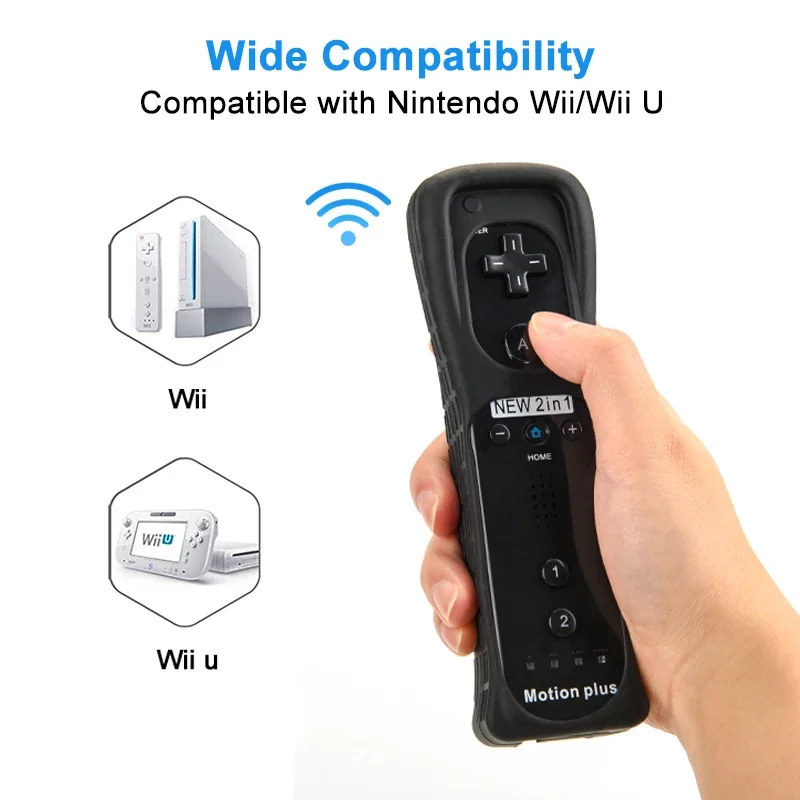 وحدة تحكم عن بعد 2 في 1 لاسلكية تعمل بالبلوتوث لجهاز Wii Wii U Controle اختياري Motion Plus Gamepad Nunchuck مع غطاء من السيليكون