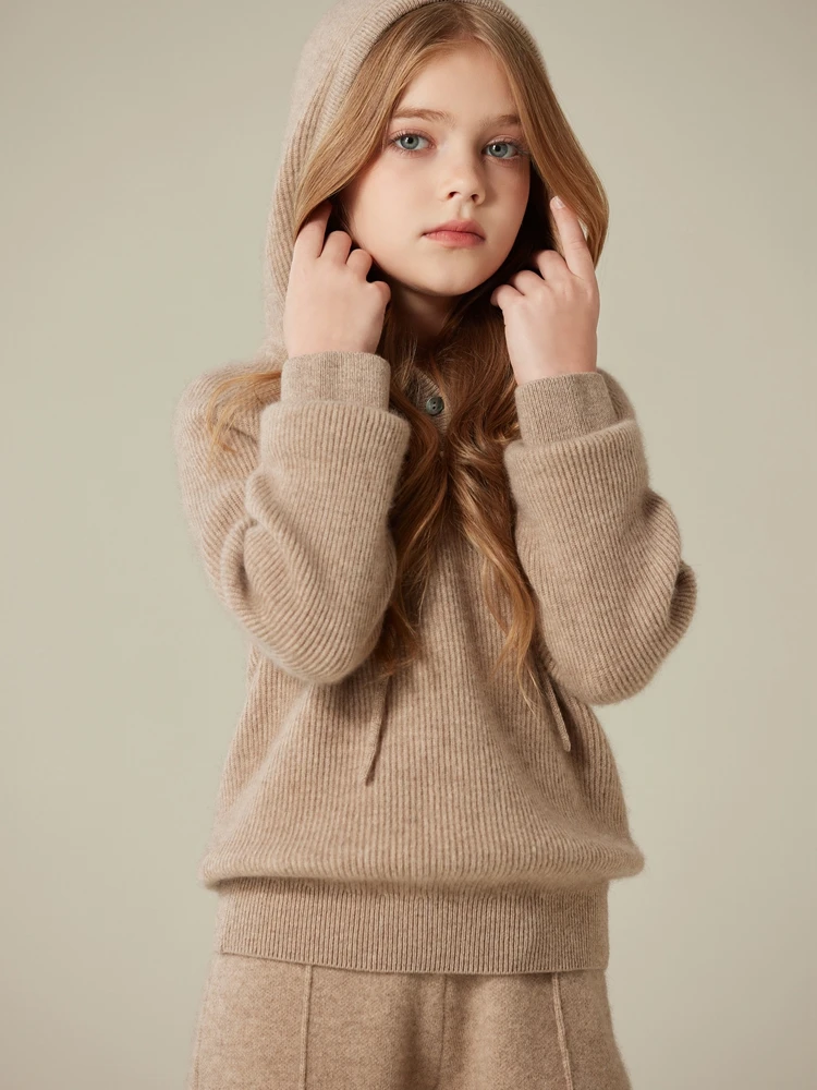 

Children's 100% Pure Cashmere Pullover Sweater Autumn Winter Girls Hooded Soild Button Long Sleeve Knit Sweater Versatile Cute