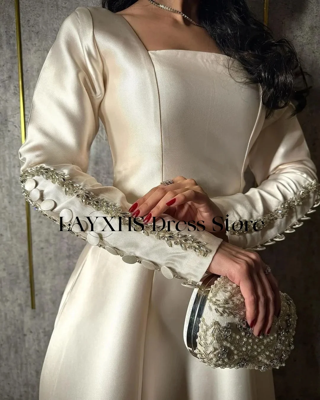 LAYXHS Luxury Square Neck Evening Dresses A-Line Long Sleeves Beaded Button Women Prom Dresse Customized فساتين سهرة