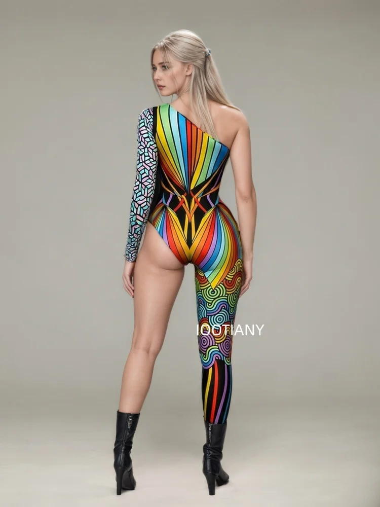 Gotischer Halloween-Skelett-Print-Bodysuit für Damen, One-Shoulder, einlanger Ärmel, asymmetrischer, enger Jumpsuit, Bühnen-Rave-Outfit – Detail 11