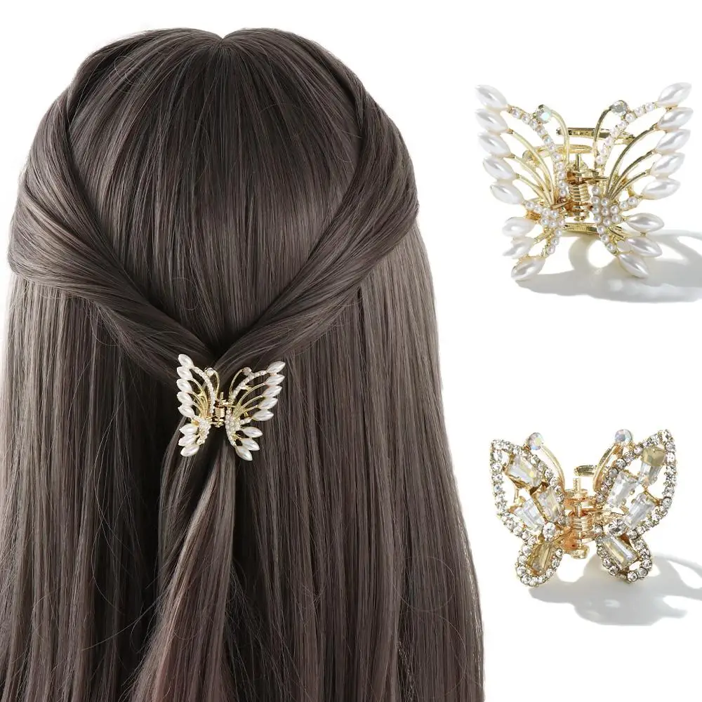 Butterfly Catch Clip Hair Clip Rhinestone Hair Claw Sweet Pearl Hair Accessories Female Fairy Temperament Small Clip