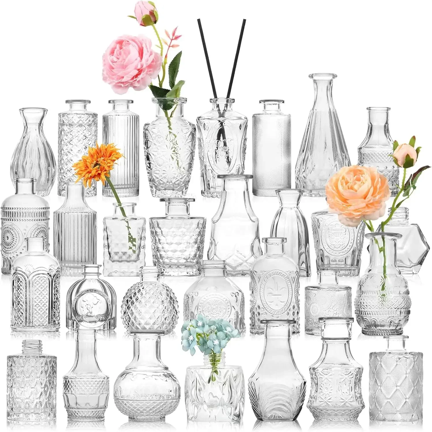 Set of30 Glass Clear Bud Vases in bulk,Small Vases for Centerpieces,Mini Glass Vintage Vases for Wedding Decorations,Centerpiece