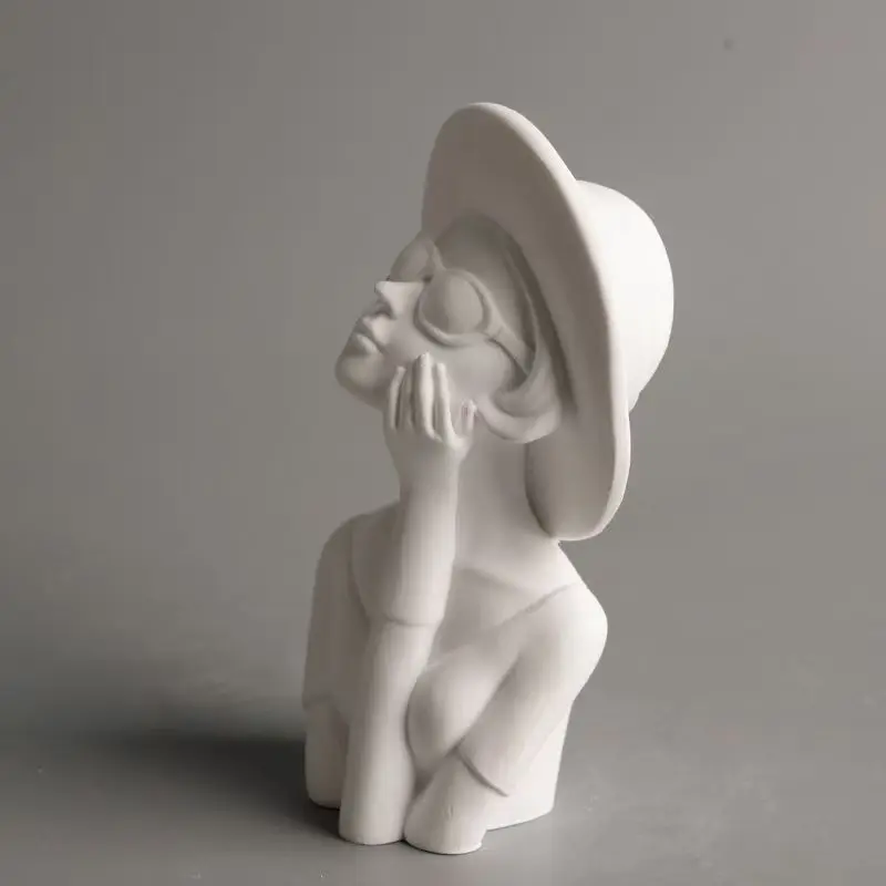 Blowing Bubbles Girl Statue with Hat Hand on Face Plaster Sculpture Home Decor for Living Room TV Cabinet Entrance