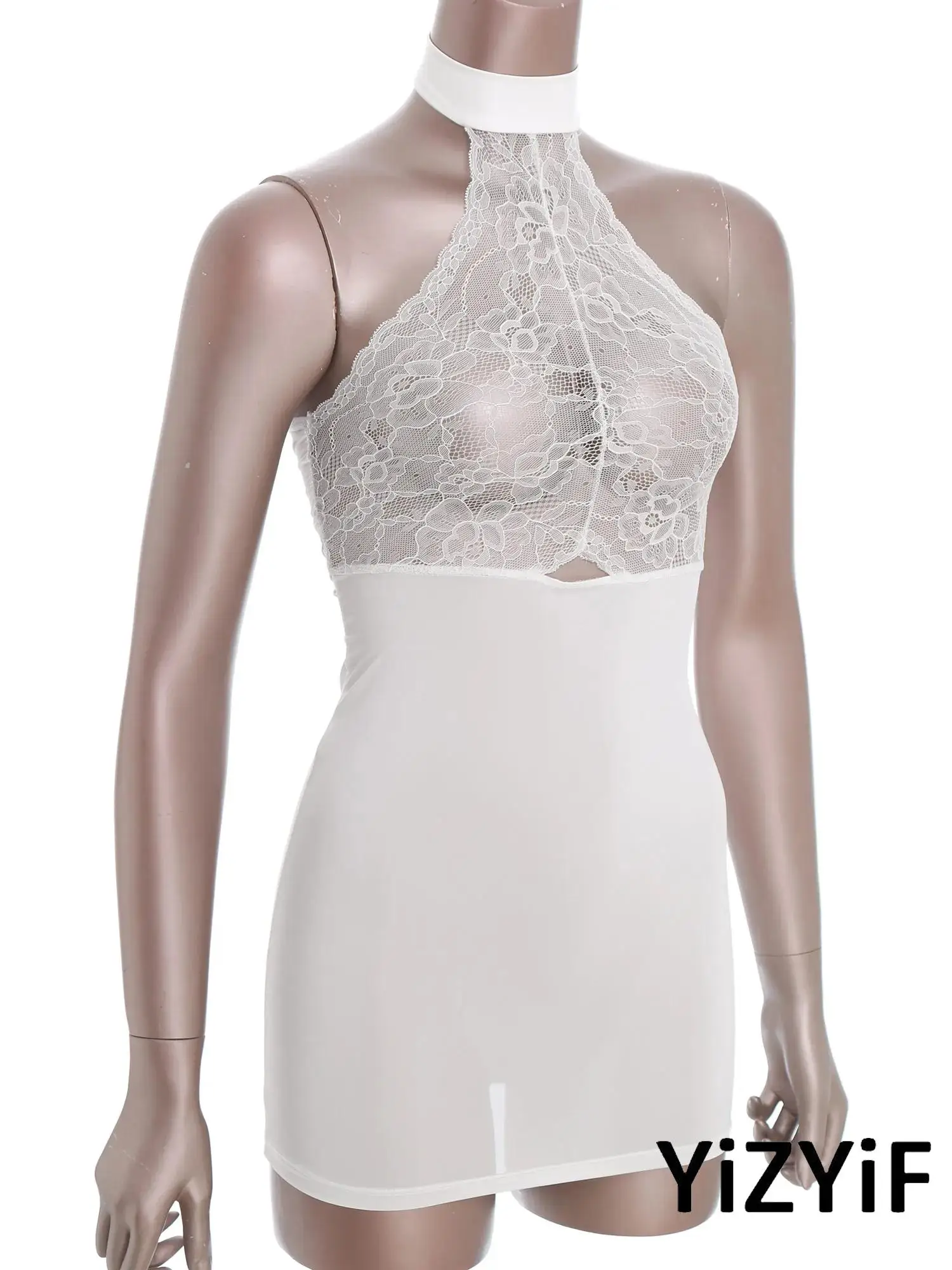 

Women Erotic See Through Sliky Sheer Mesh Lace Spliced Mini Dress Sleeveless Front Cutout Dress Stretchy Nightwear Date Lingerie