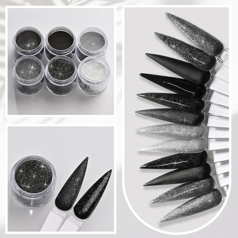 6個入り シルバーブラックグリッターネイルアクリルパウダー 6色 プロ仕様 ポリマークリスタルパウダー ネイルエクステンション ディッピング カービングダスト