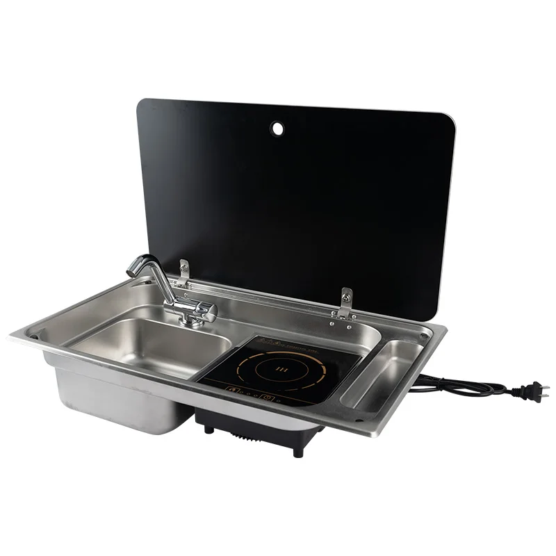 RV stainless steel stove sink and induction cooker combination unit with tempered glass lid for  caravan yacht