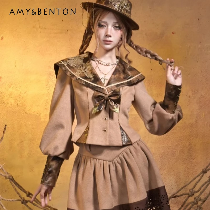 

Original Punk Retro Design Navy Collar College Women's Top Autumn Winter New Woolen Hollow Out Splicing Short Skirt Set Ladies