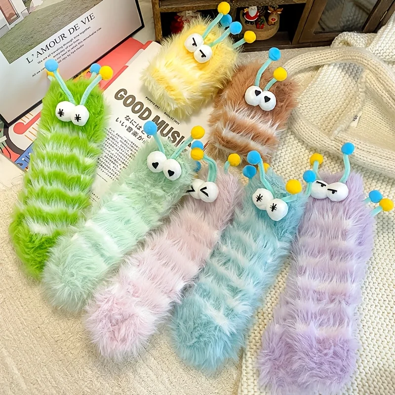 1 pair of autumn and winter ugly and cute plush socks, cute and fun home floor socks, thick coral fleece warm sleep socks