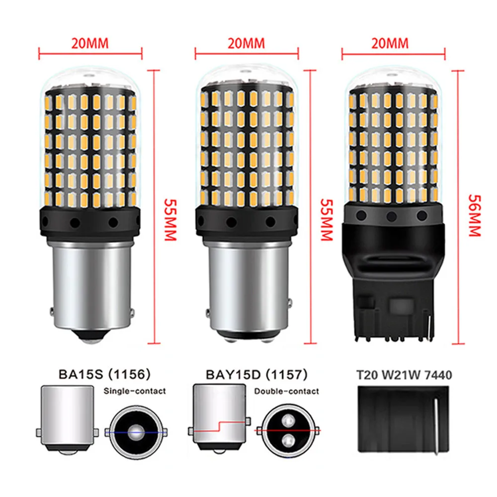 2 Pcs 1156 BA15S P21W BAU15S PY21W 1157 BAY15D 7440 W21W P21/5W 7443 3157 LED Bulbs 144smd CanBus Lamp Reverse Turn Signal Light