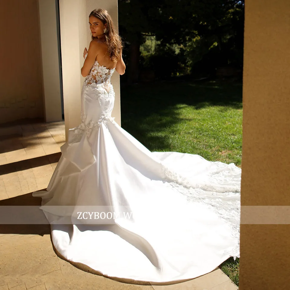 Sexy Mermaid Satin 3D Flowers Appliques Strapless Wedding Dresses 2026 Sweetheart Backless Princess Bride Gowns Vestido De Novia