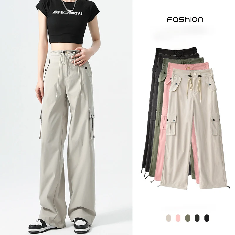 

Trend Drawstring Y2K Cargo Pants for Women Spring Autumn Street Casual Trousers Lightweight Muti-Pocket Hiking Straight Pants