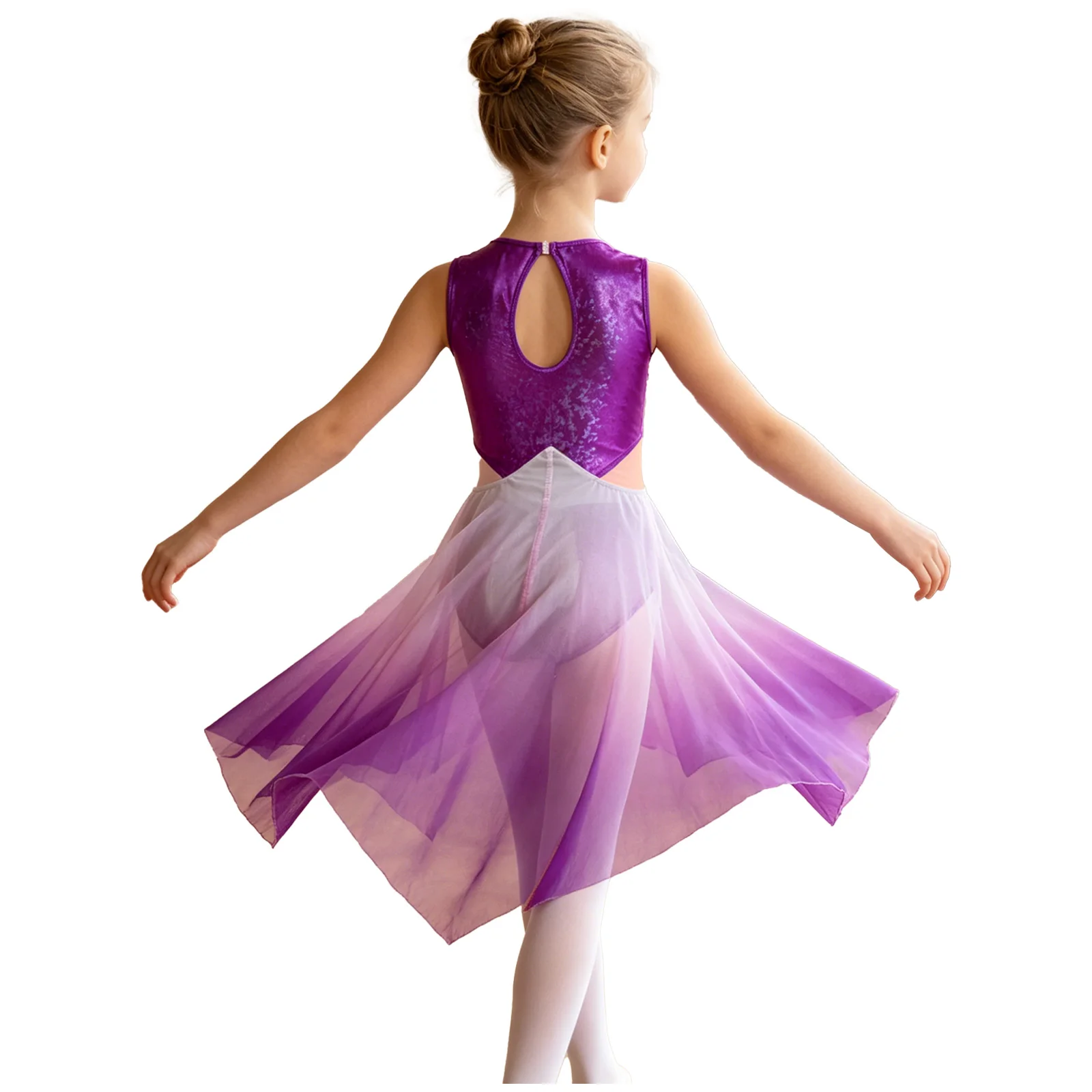 Kids Girls Lyrical Praise Dance Dress Sleeveless Metallic Bodice Mesh Ballet Gymnastics Leotard Choir Worship Ballroom Dancewear - view 3