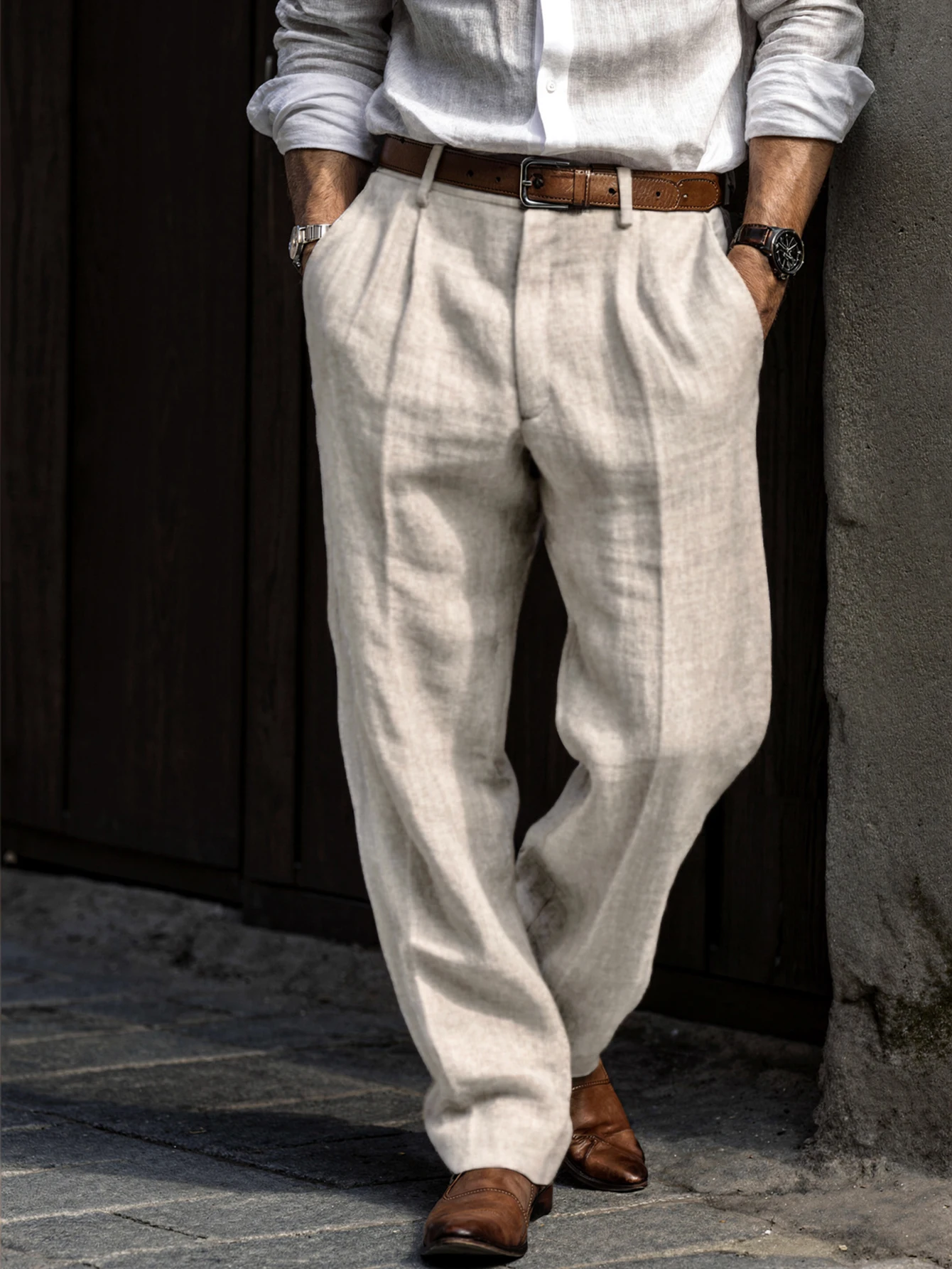 

Summer elegant linen Italian Neapolitan solid-color buttoned men's formal trousers [belt not included]