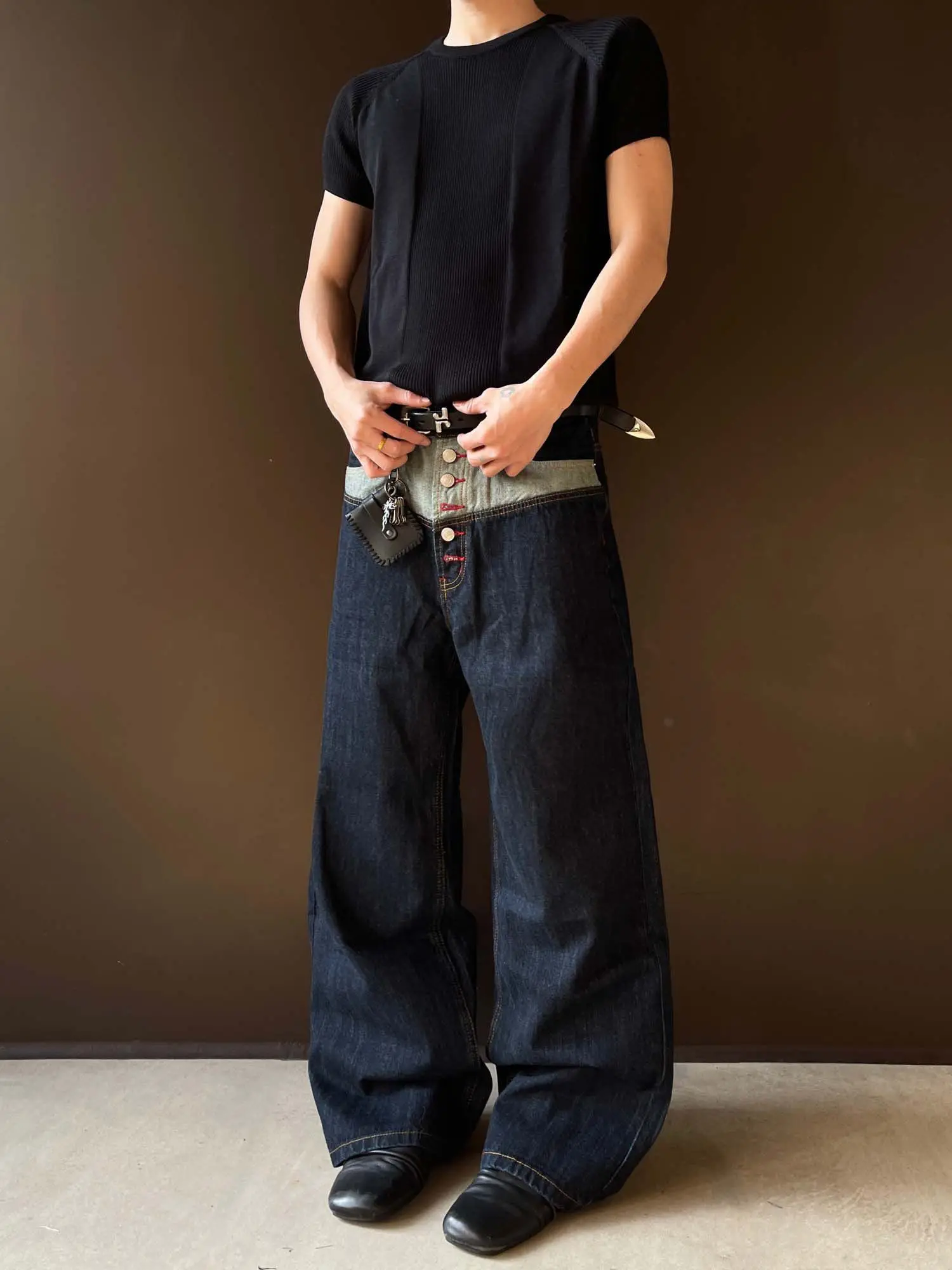 Men's Button Placket Splicing Red Line Design Jeans Cool Boy Pants High Waist Bottoms Male Straight Trousers Casual Sweatpants