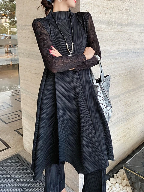 Miyake Pleated Two Piece Set Fall 2023 Winter New Loose Casual Suit French Lace Fashion Long Dress Top Pencil Pant Women Clothes