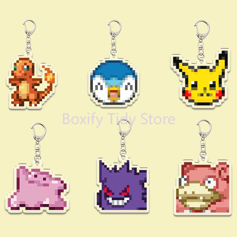 

Pixel Cartoon Acrylic Keychain Transparent Cute Gengar Piplup Bulbasaur Charmander Pendant Trendy Backpack Accessory