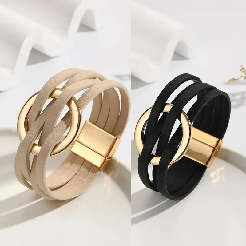 2PCS Set PU Leather Bracelet Magnet Big Metal Closure Ins Women Bracelet Black Beige PU Round Casting Women Jewelry Set