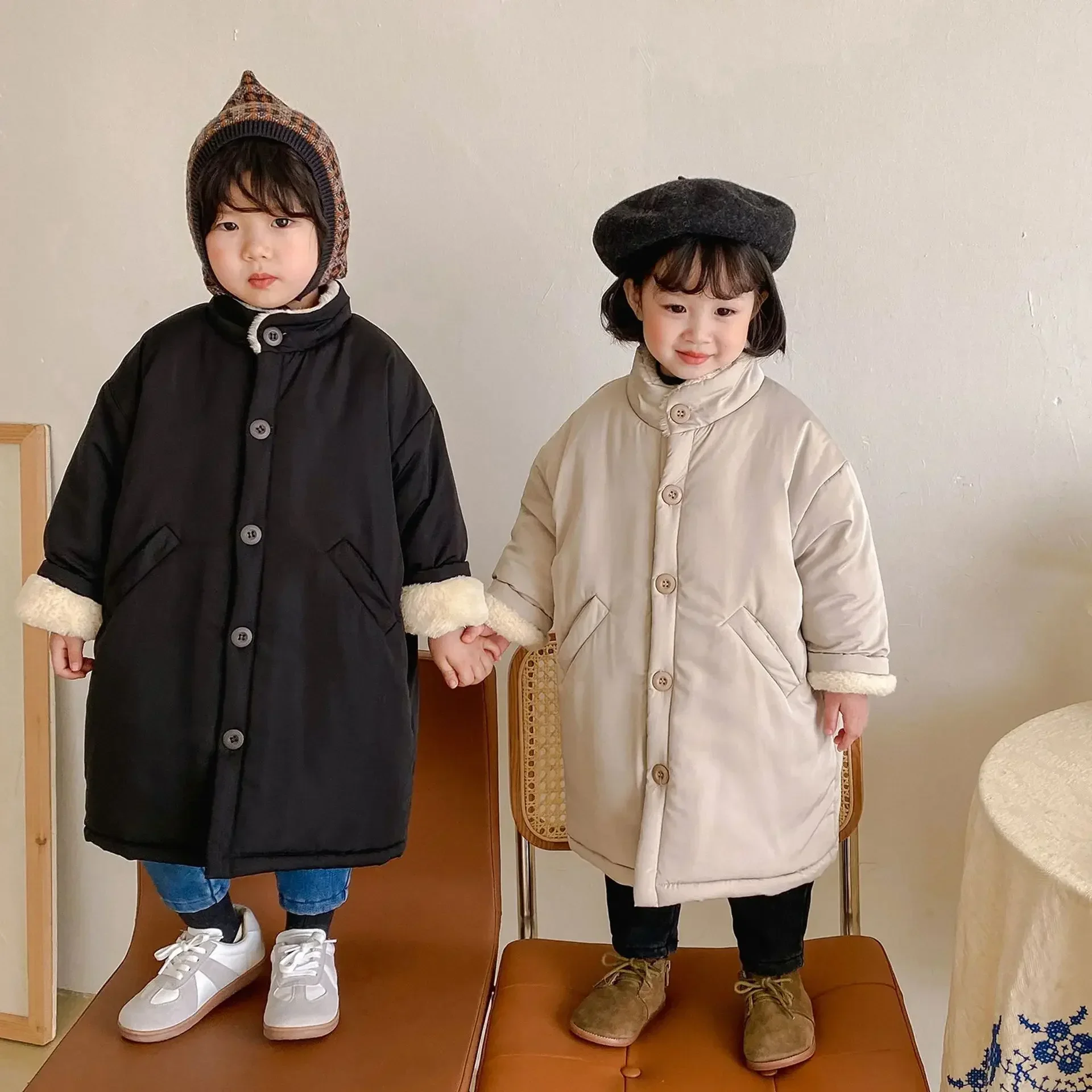 Winter 2024 very warm rabbit hair lining stand collar long jackets for boys and girls thicken waterproof fashion coats outwears