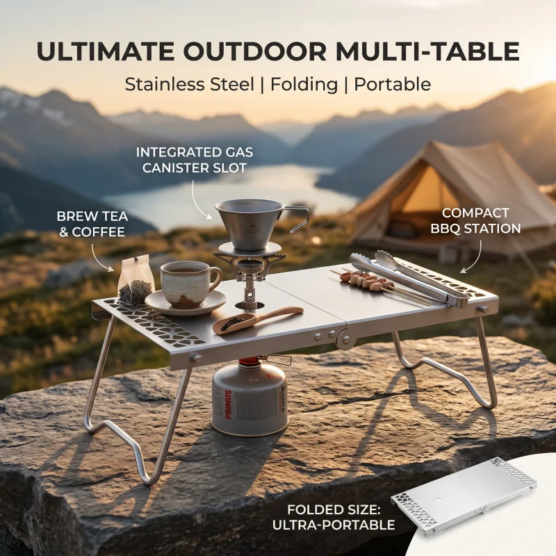 Fornello a Gas Pieghevole in Acciaio Inox per Campeggio, Tavolo BBQ Portatile Versatile e Mini Bruciatore per Picnic