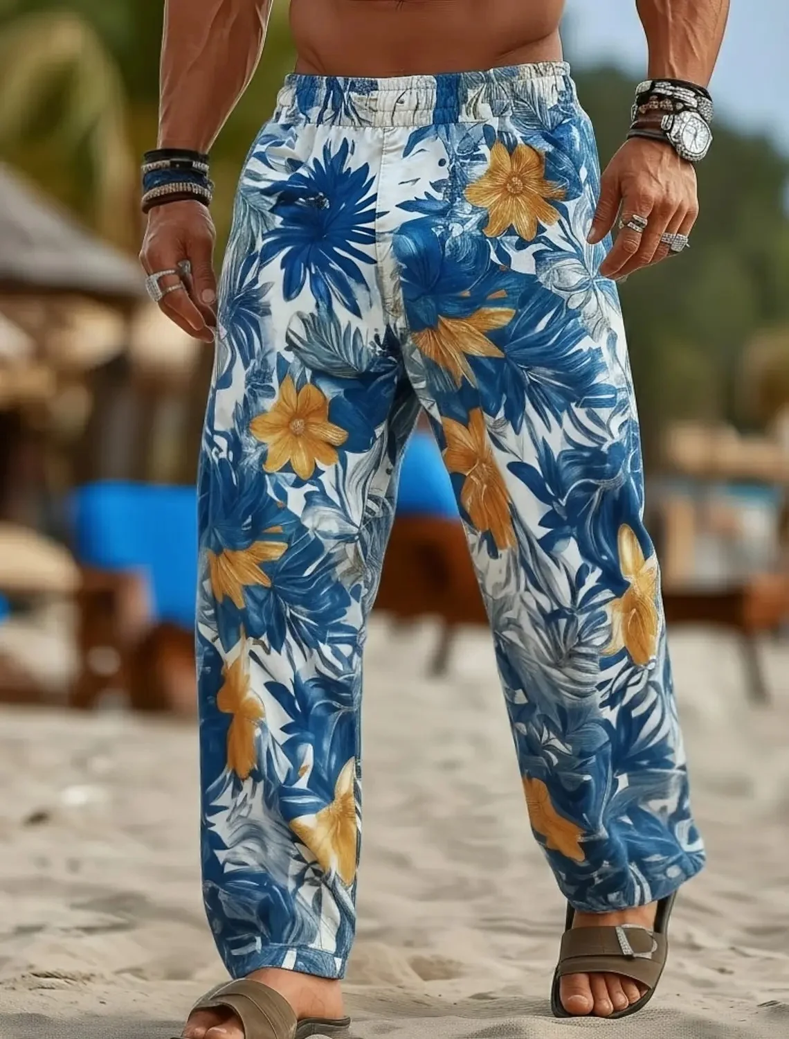 2026 new men's tropical beach pants with floralprint,blue, yellow,and white wide pants, fashionableand casual forsummer vacation