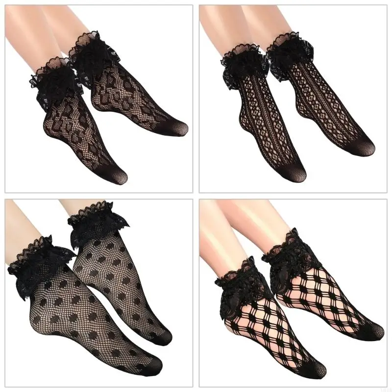 Y88A Womens Black Match Sochkle Robffle Frilly Lace Mesh Robe chaussettes