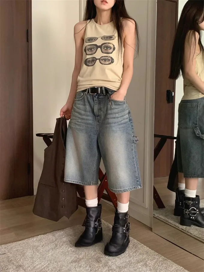 Unico SEI Coreano Sle Street Abbigliamento da lavoro neutro Gamba larga Jeans casual larghi vintage Pantaloni di media lunghezza per le donne